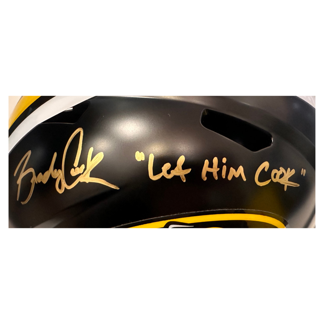 Brady Cook Missouri Tigers Autographed Full Size Anodized Black Speed Rep Helmet w/ "Let Him Cook" Inscription - JSA COA