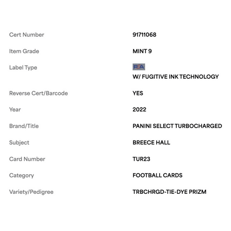 Breece Hall PSA 9 2022 Panini Select Turbocharged Tie Dye Prizm Rookie RC #d /25 Card #TUR23