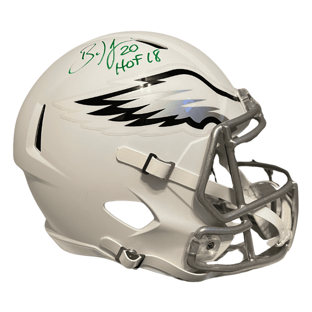 Brian Dawkins Philadelphia Eagles Autographed Full Size Flat White Speed Replica Helmet with HOF 18 Inscription - Beckett COA