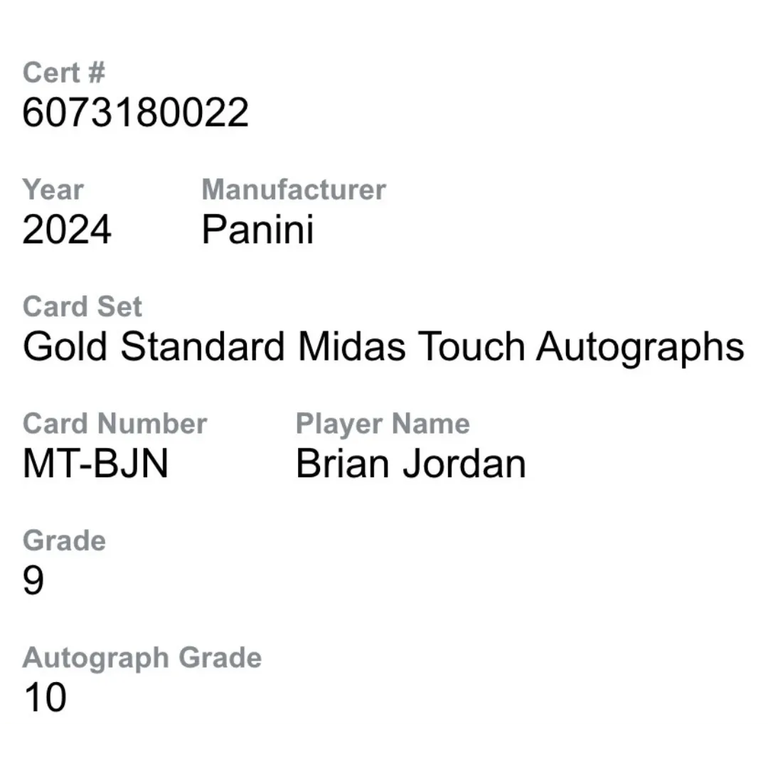 Brian Jordan CGC 9 2024 Panini Gold Standard Midas Touch Autographs #d/ 125 Card #MT-BJN