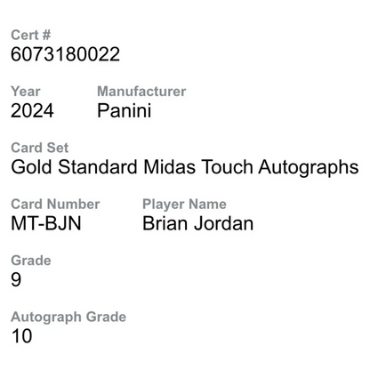 Brian Jordan CGC 9 2024 Panini Gold Standard Midas Touch Autographs #d/ 125 Card #MT-BJN