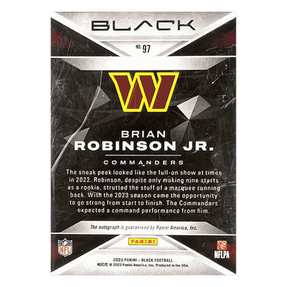 Brian Robinson Jr 2023 Panini Black Autograph Platinum Rookie RC 1/1 Card #97