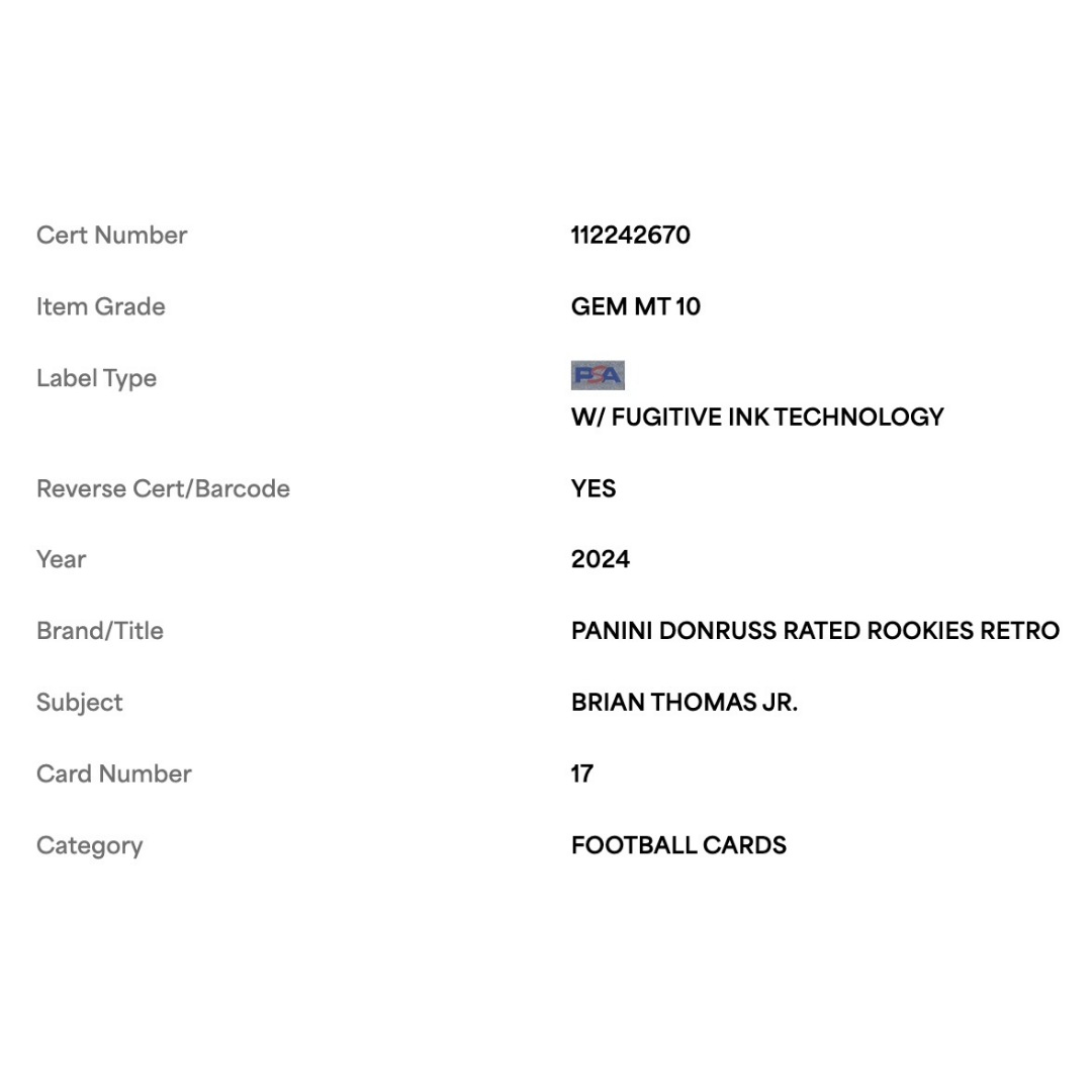 Brian Thomas Jr PSA 10 2024 Panini Donruss Rated Rookies Retro Card #17