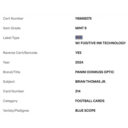 Brian Thomas Jr PSA 9 2024 Panini Donruss Optic Blue Scope Rated Rookie Card #214