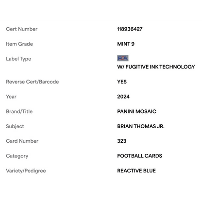 Brian Thomas Jr PSA 9 2024 Panini Mosaic Reactive Blue Rookie RC Card #323