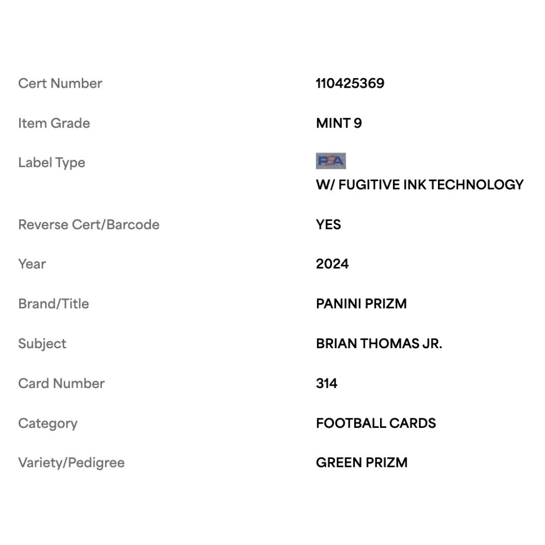 Brian Thomas Jr PSA 9 2024 Panini Prizm Green Prizm Rookie RC Card #314