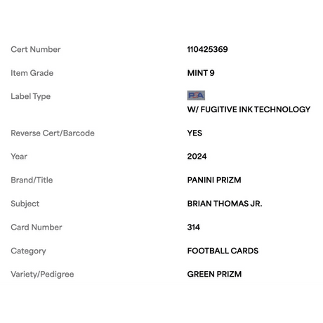 Brian Thomas Jr PSA 9 2024 Panini Prizm Green Prizm Rookie RC Card #314