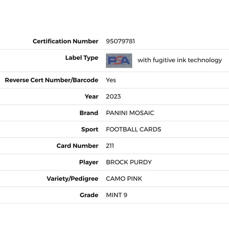 Brock Purdy PSA 9 2023 Panini Mosaic - Camo Pink Prizm Card #211