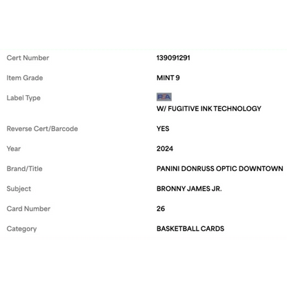 Bronny James Jr PSA 9 2024 Panini Donruss Optic Downtown Rookie RC Card #26