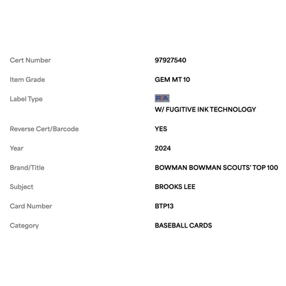 Brooks Lee PSA 10 2024 Topps Bowman Scouts' Top 100 Card #BTP13