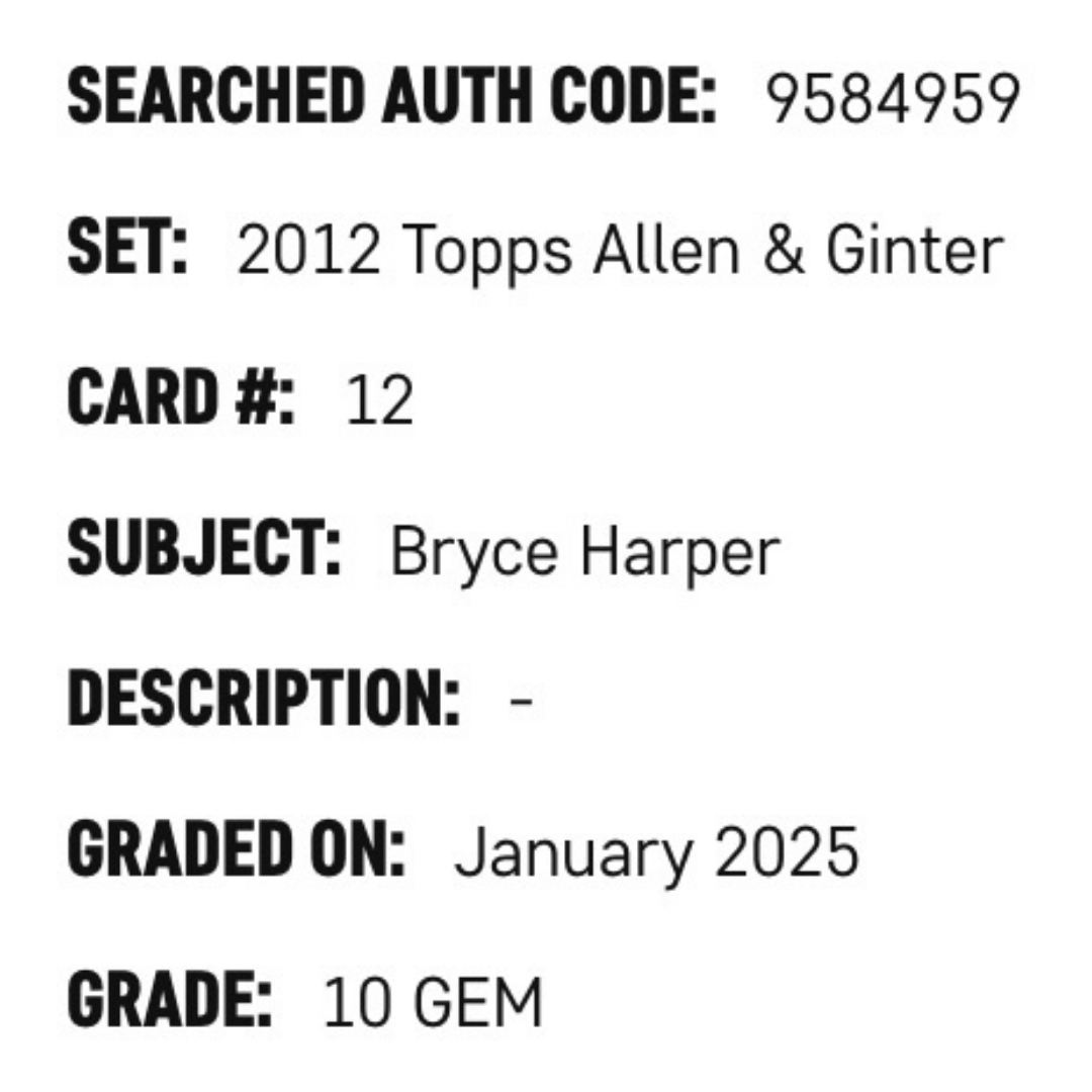 Bryce Harper SGC 10 2012 Topps Allen & Ginter Rookie RC Card #12