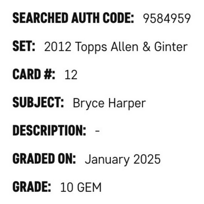 Bryce Harper SGC 10 2012 Topps Allen & Ginter Rookie RC Card #12