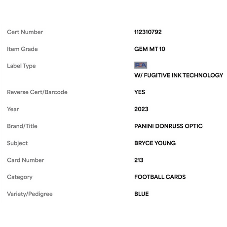 Bryce Young PSA 10 2023 Panini Donruss Optic Blue Rated Rookie #d/ 199 Card #213