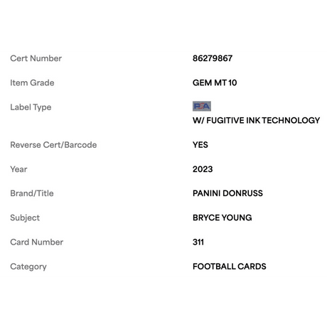 Bryce Young PSA 10 2023 Panini Donruss Rated Rookie Card #311