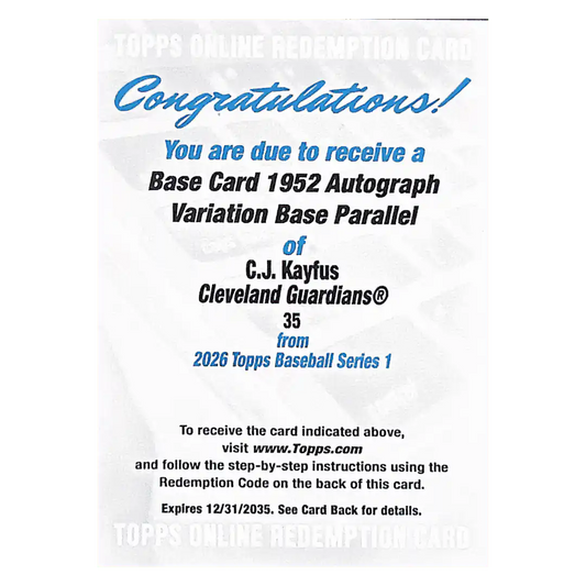 C.J. Kayfus 2026 Topps Baseball Series 1 1952 Autograph Variation Rookie Guardians Redemption