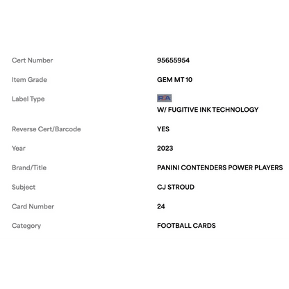 C.J. Stroud PSA 10 2023 Panini Contenders Power Players Rookie RC Card #24