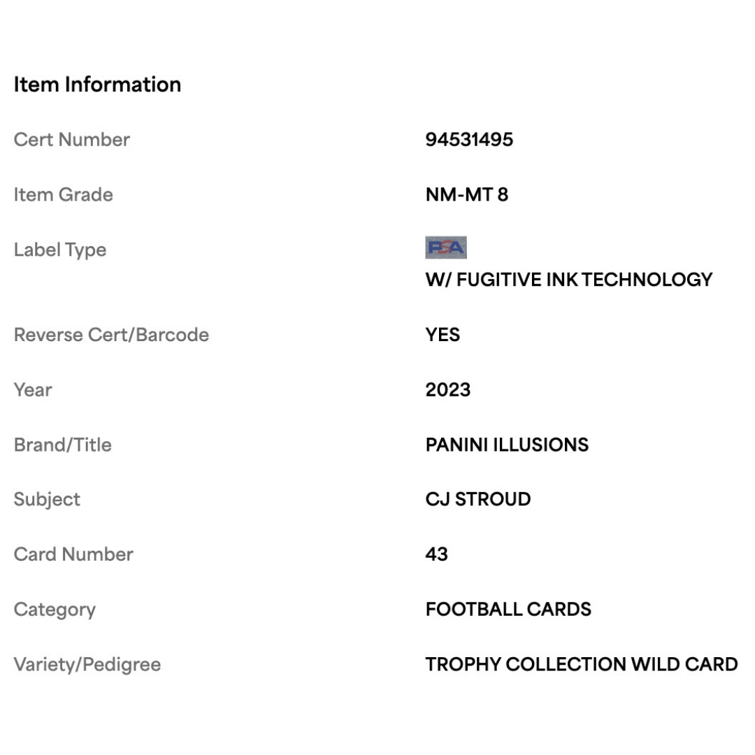 C.J. Stroud PSA 8 2023 Panini Illusions Trophy Collection Wild Card #43