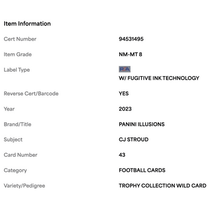 C.J. Stroud PSA 8 2023 Panini Illusions Trophy Collection Wild Card #43