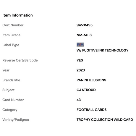 C.J. Stroud PSA 8 2023 Panini Illusions Trophy Collection Wild Card #43