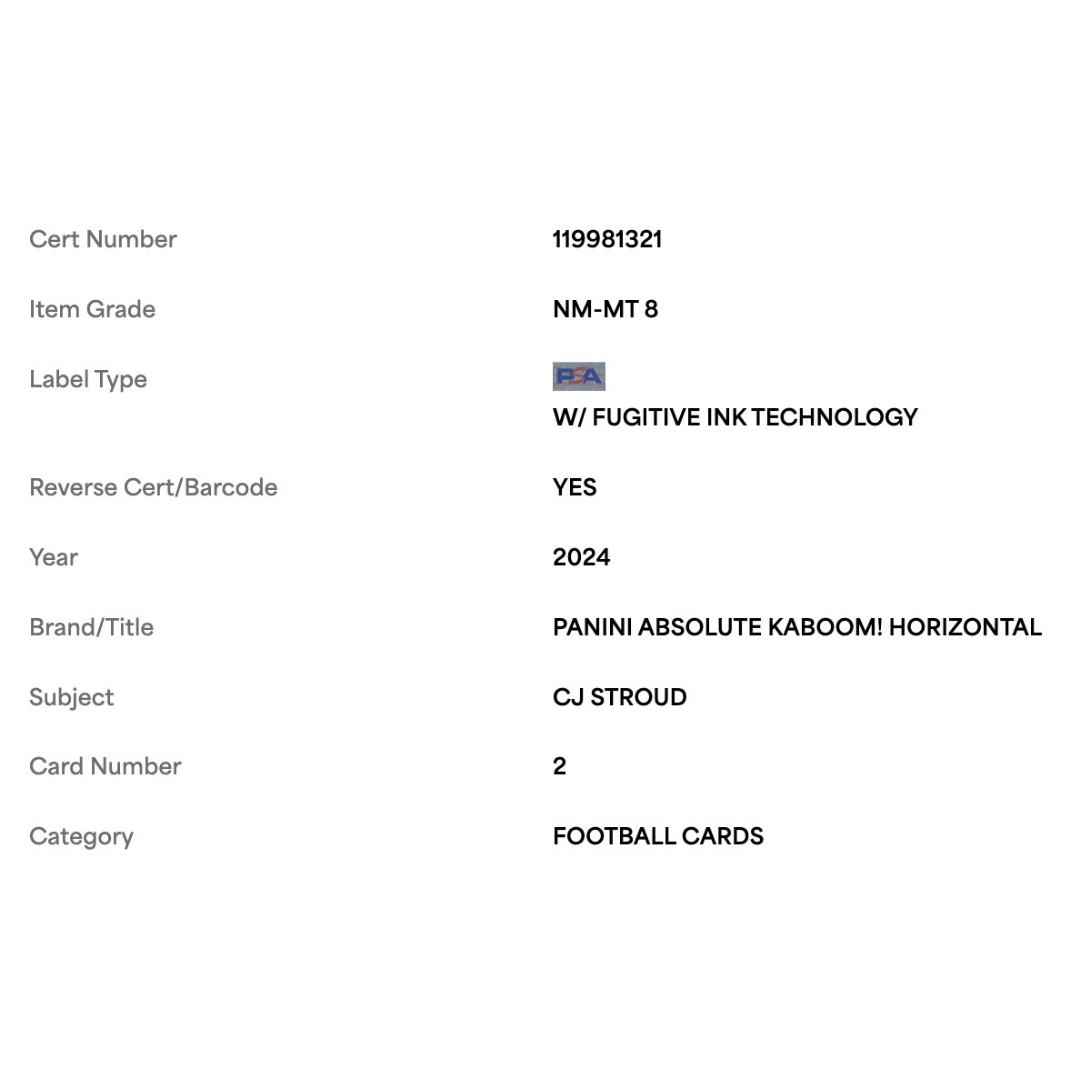 C.J. Stroud PSA 8 2024 Panini Absolute Kaboom! Horizontal Card #2
