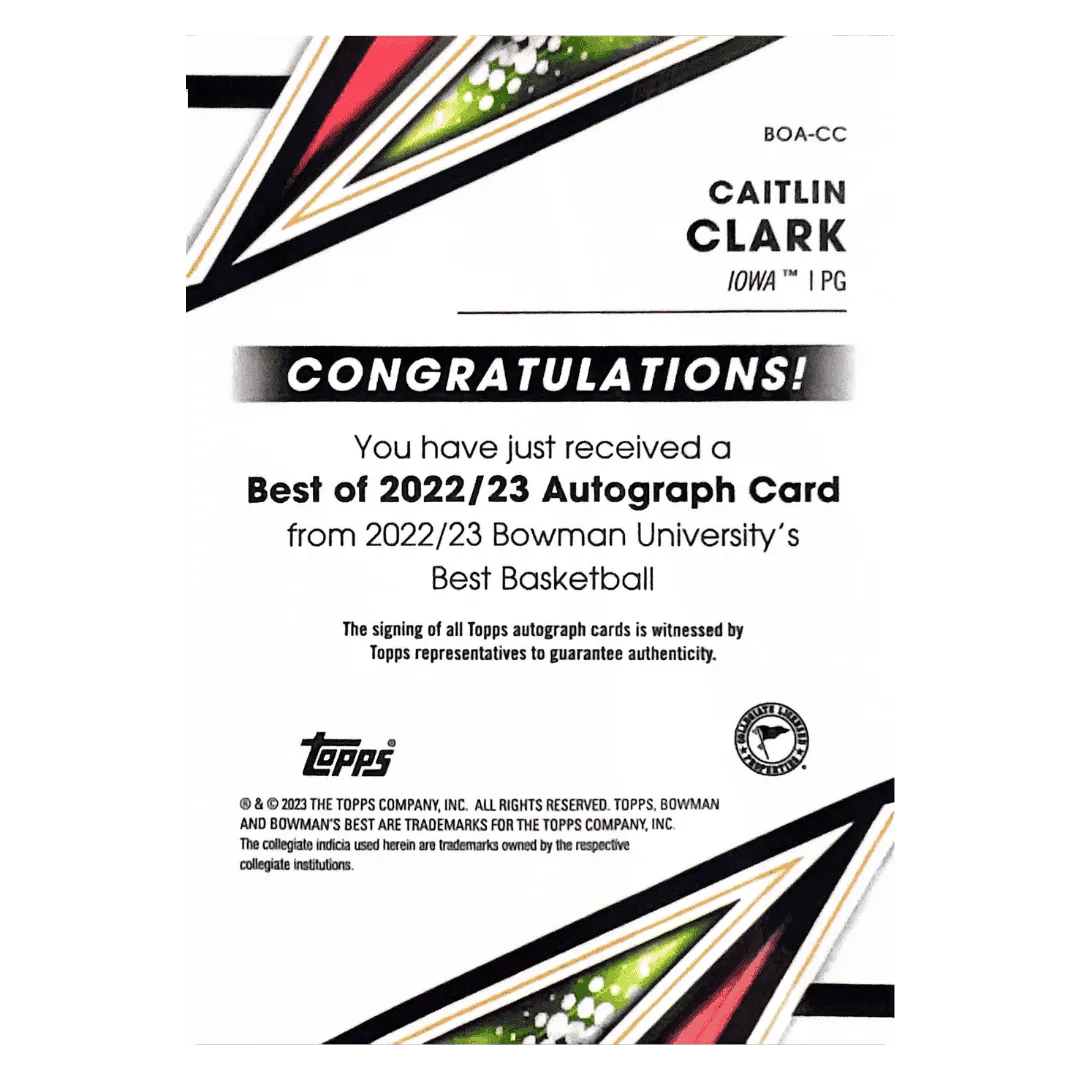 Caitlin Clark 2023 Topps Bowman University's Best Basketball Autograph Card #BOACC