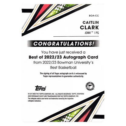 Caitlin Clark 2023 Topps Bowman University's Best Basketball Autograph Card #BOACC