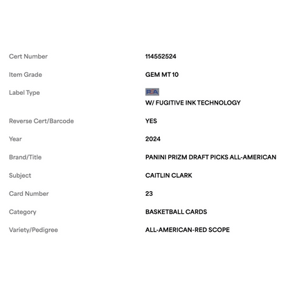 Caitlin Clark PSA 10 2024 Panini Prizm Draft Picks All American Red Scope Rookie RC #d/ 88 Card #23