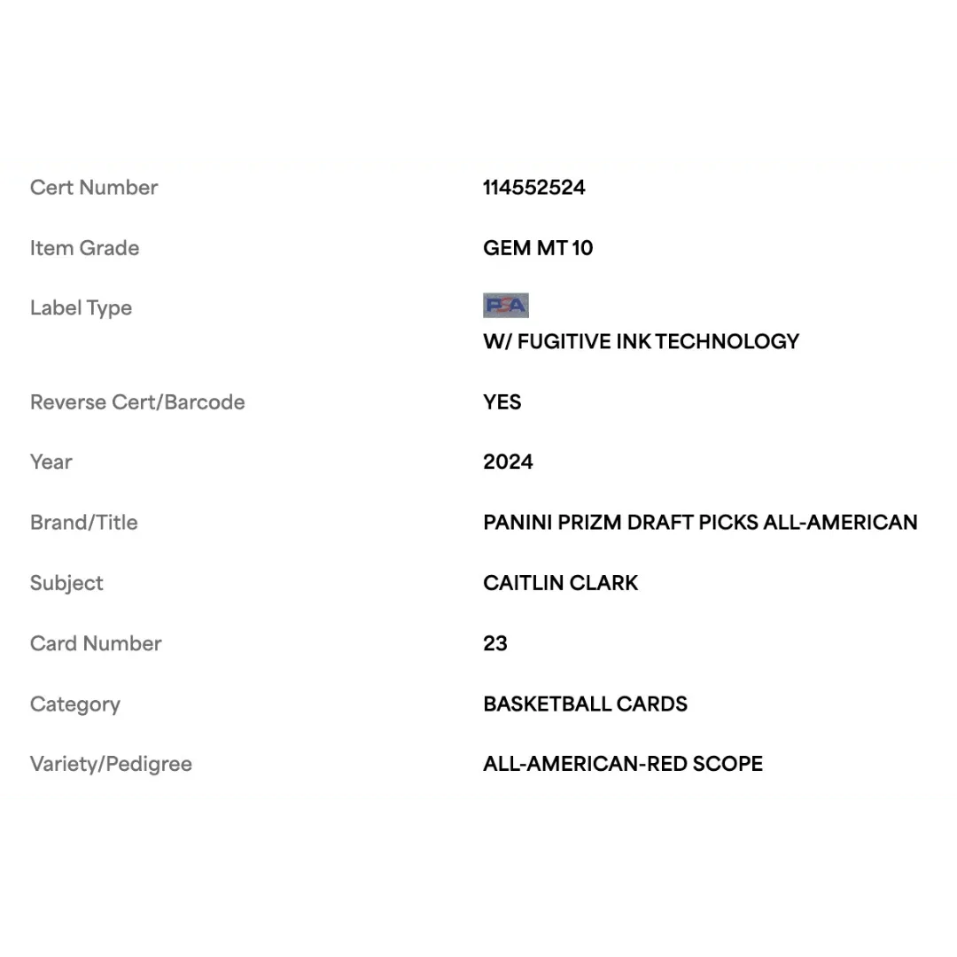 Caitlin Clark PSA 10 2024 Panini Prizm Draft Picks All American Red Scope Rookie RC #d/ 88 Card #23