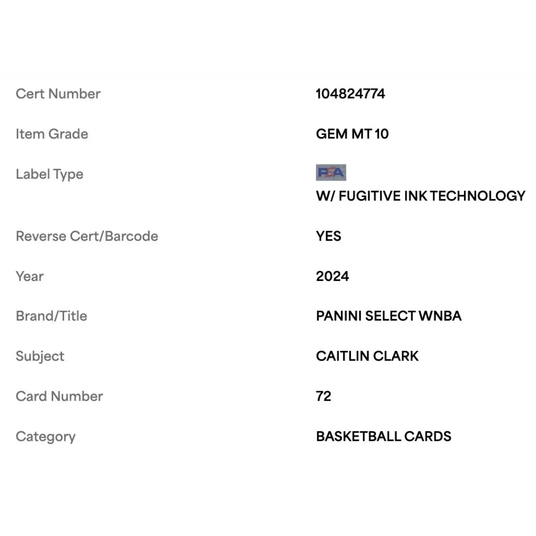 Caitlin Clark PSA 10 2024 Panini Select WNBA Rookie RC Card #72