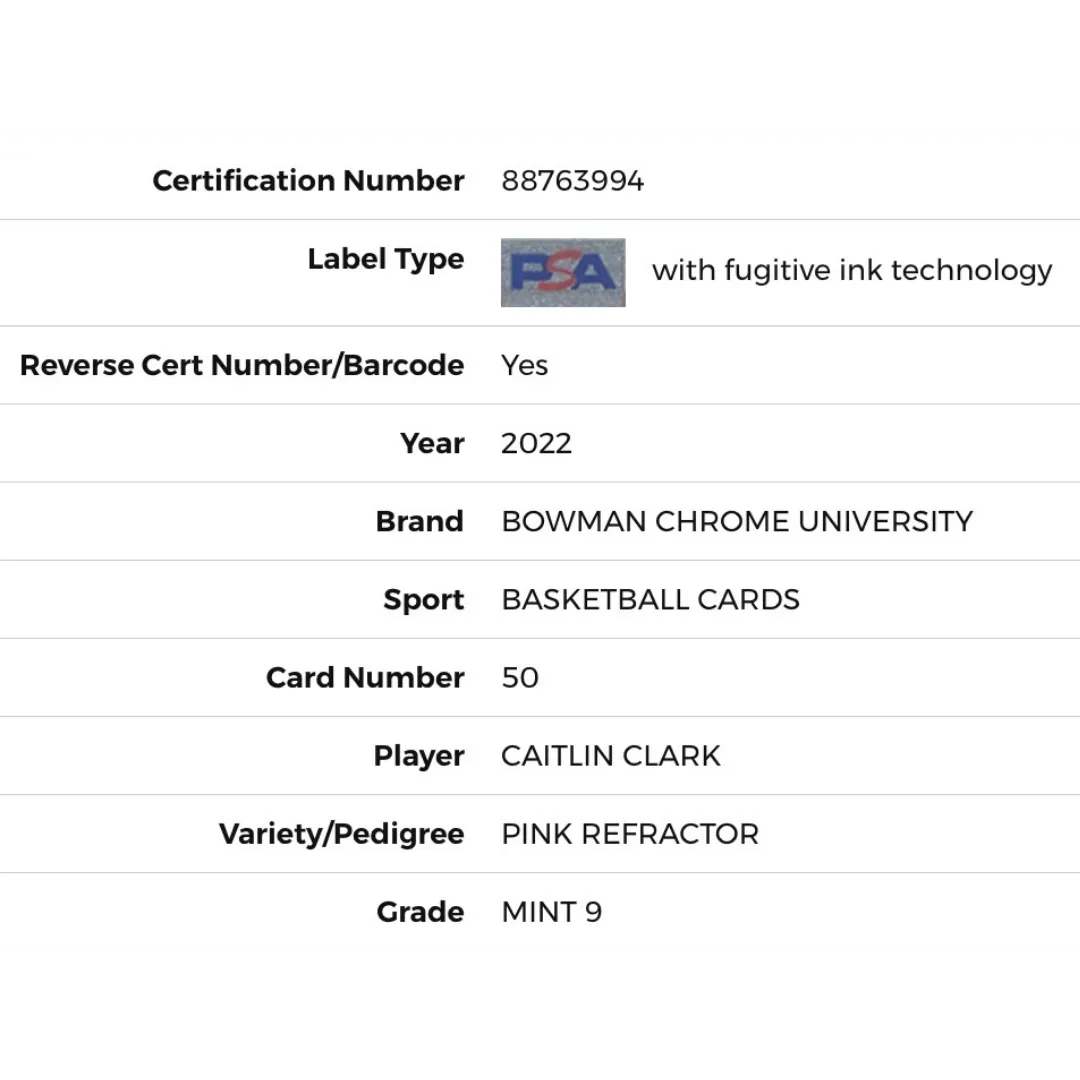 Caitlin Clark PSA 9 2022 Topps Bowman University Pink Refractor Card #50