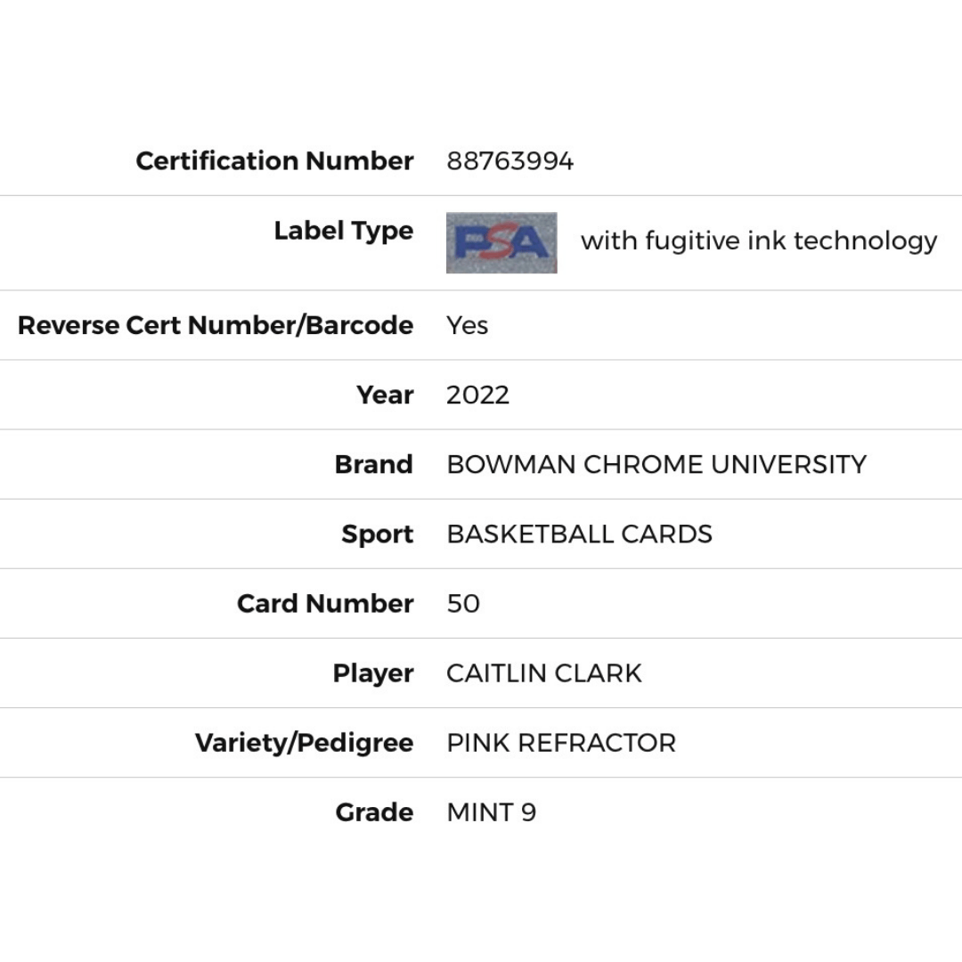 Caitlin Clark PSA 9 2022 Topps Bowman University Pink Refractor Card #50