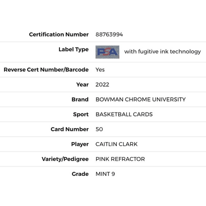 Caitlin Clark PSA 9 2022 Topps Bowman University Pink Refractor Card #50