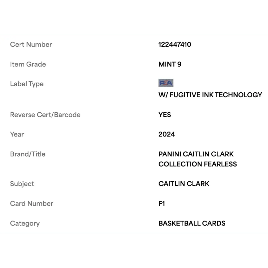 Caitlin Clark PSA 9 2024 Panini Caitlin Clark Collection Fearless Card #F1