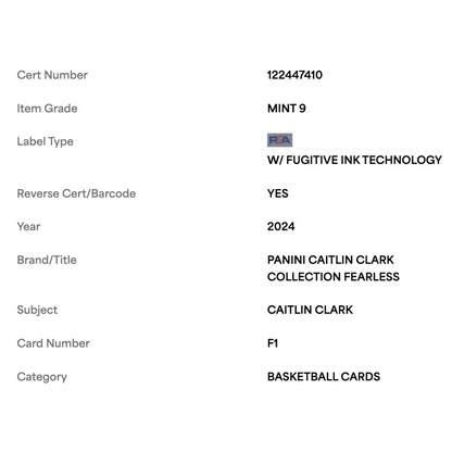 Caitlin Clark PSA 9 2024 Panini Caitlin Clark Collection Fearless Card #F1