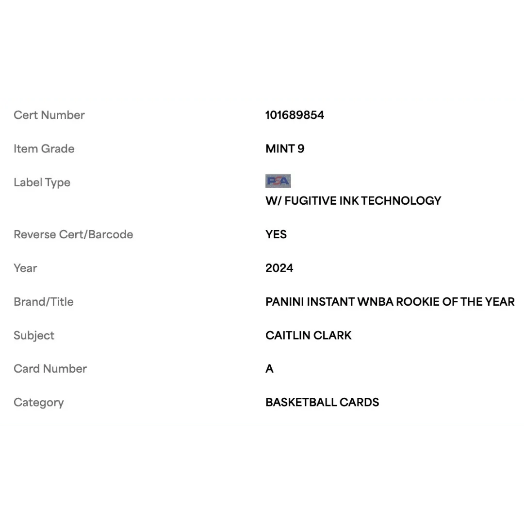 Caitlin Clark PSA 9 2024 Panini Instant WBNA Rookie of the Year Card #A