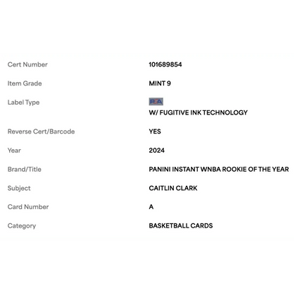 Caitlin Clark PSA 9 2024 Panini Instant WBNA Rookie of the Year Card #A