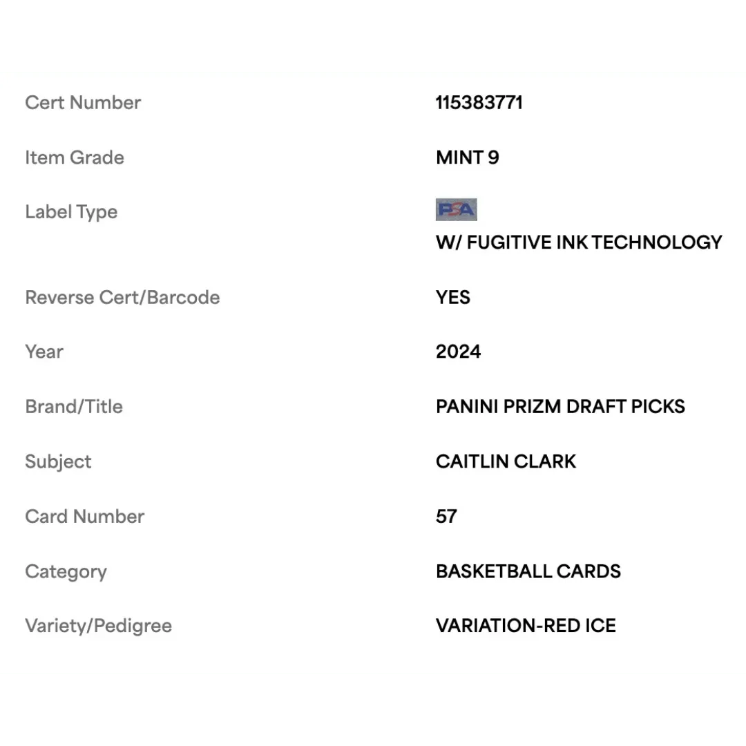 Caitlin Clark PSA 9 2024 Panini Prizm Draft Picks Variation Red Ice Rookie RC Card #57