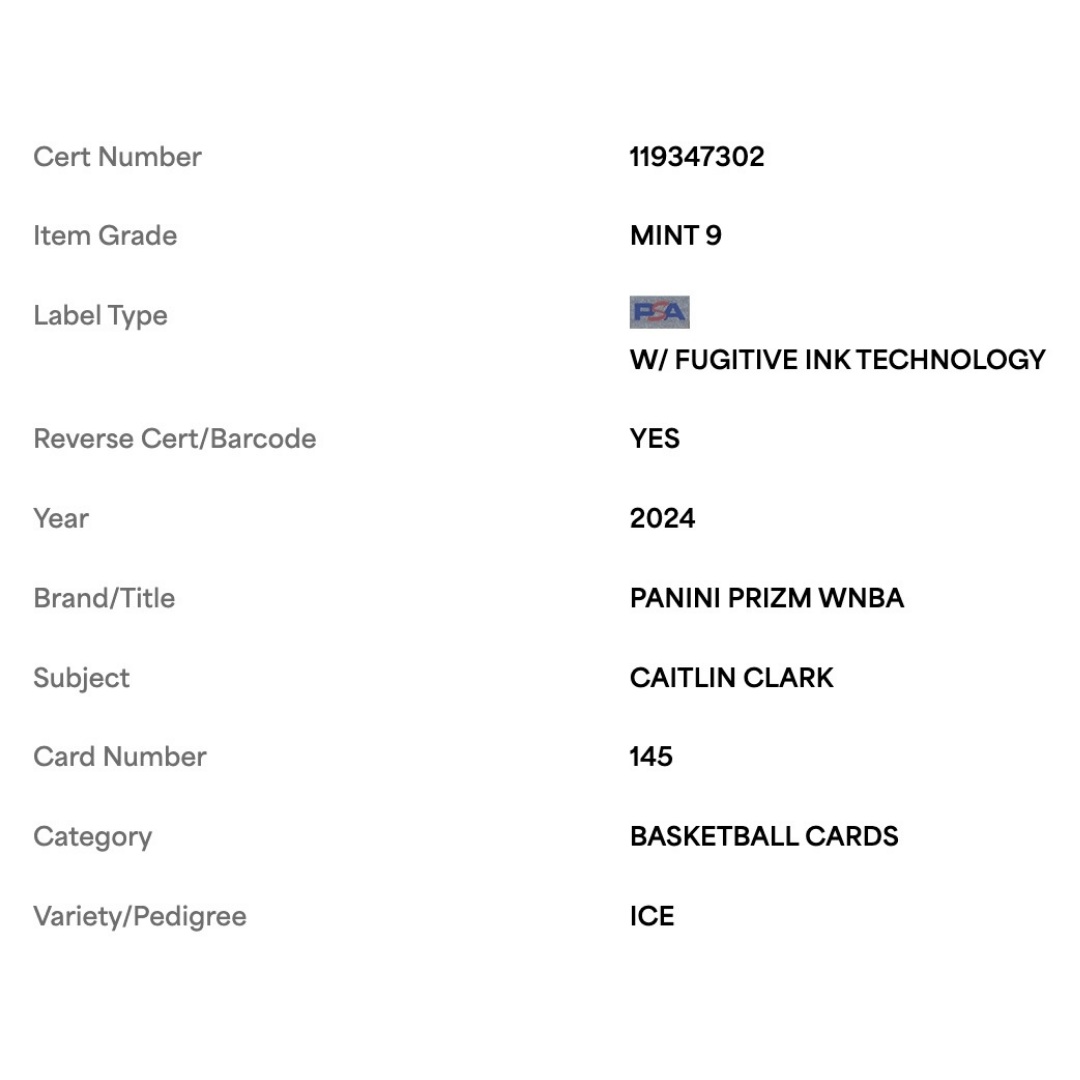 Caitlin Clark PSA 9 2024 Panini WNBA Ice Rookie RC Card #145