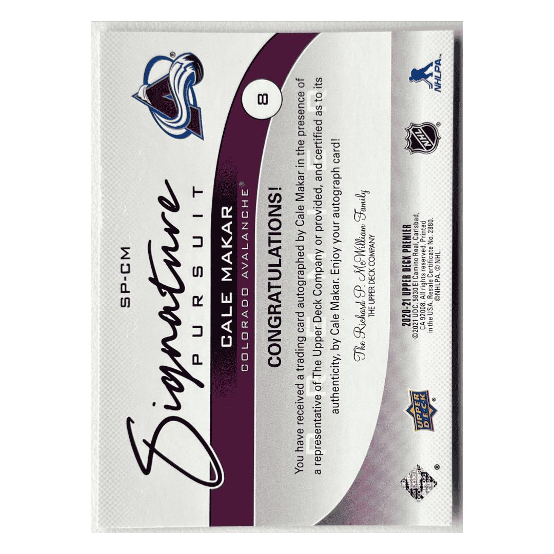 Cale Makar 2020-21 Upper Deck Premier Premier Signature Pursuit Auto #d/35 Card #SP-CM