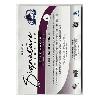 Cale Makar 2020-21 Upper Deck Premier Premier Signature Pursuit Auto #d/35 Card #SP-CM