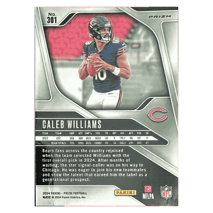 Caleb Williams 2024 Panini Prizm Orange Cracked Ice Rookie RC Card #301