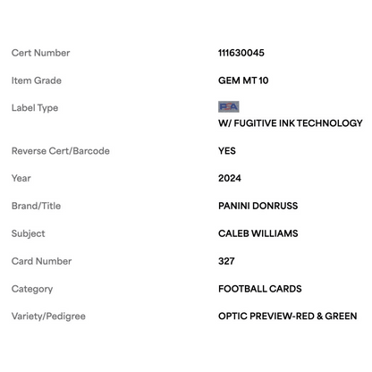 Caleb Williams PSA 10 2024 Panini Donruss Optic Preview Red & Green Rated Rookie Card #327