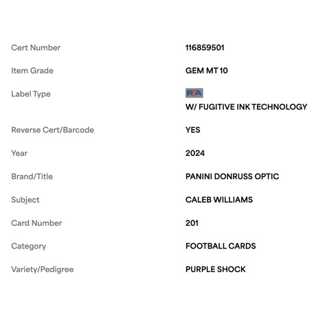 Caleb Williams PSA 10 2024 Panini Donruss Optic Purple Shock Rated Rookie Card #201