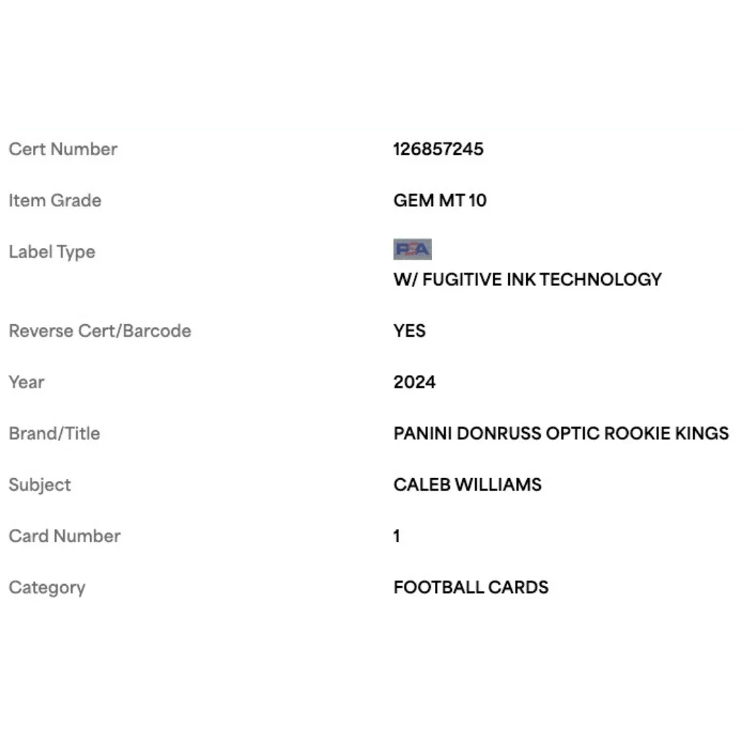 Caleb Williams PSA 10 2024 Panini Donruss Optic Rookie Kings Card #1
