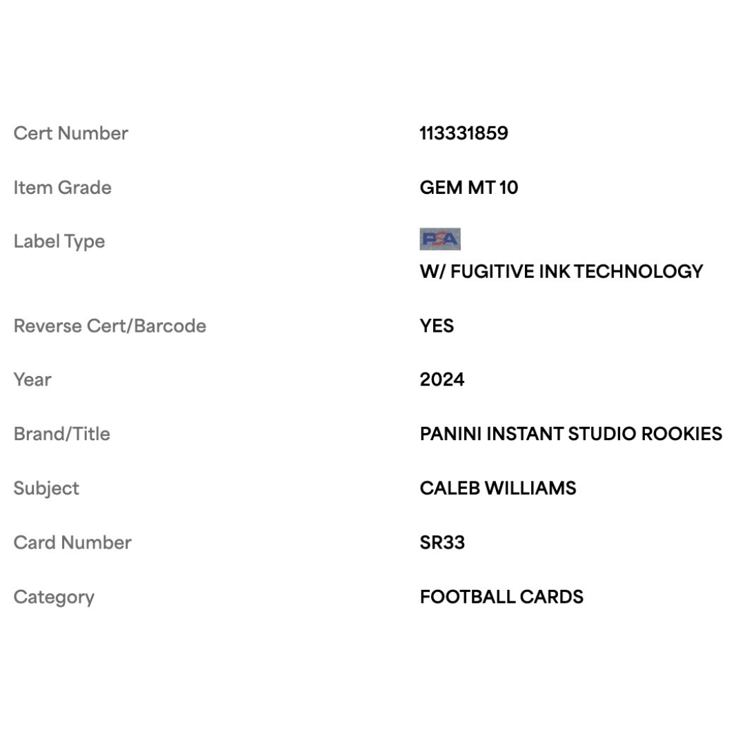 Caleb Williams PSA 10 2024 Panini Instant Studio Rookies Card #SR33