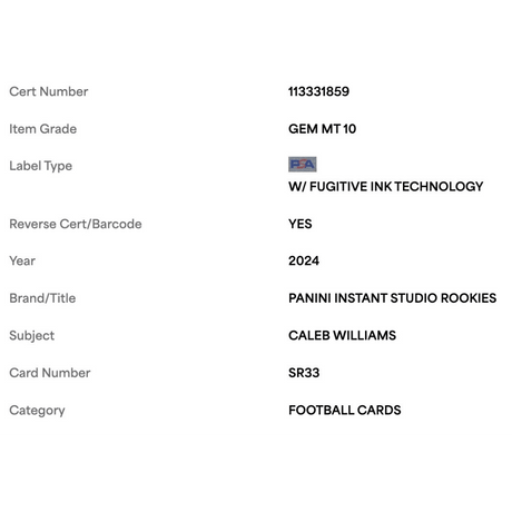 Caleb Williams PSA 10 2024 Panini Instant Studio Rookies Card #SR33