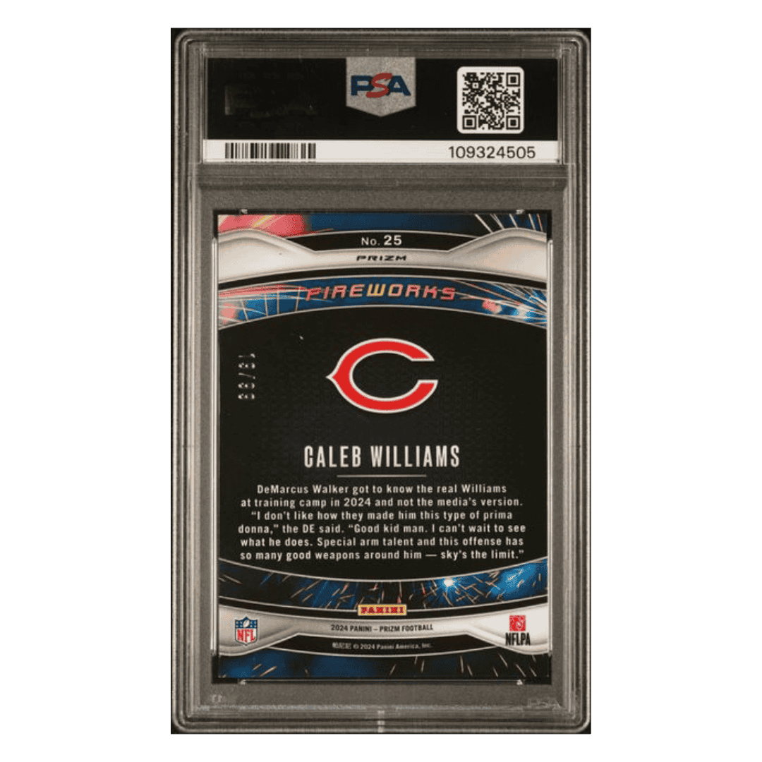 Caleb Williams PSA 10 2024 Panini Prizm Fireworks Blue Ice #d /99 Rookie RC Card #25