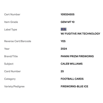 Caleb Williams PSA 10 2024 Panini Prizm Fireworks Blue Ice #d /99 Rookie RC Card #25
