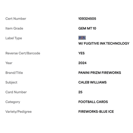 Caleb Williams PSA 10 2024 Panini Prizm Fireworks Blue Ice #d /99 Rookie RC Card #25