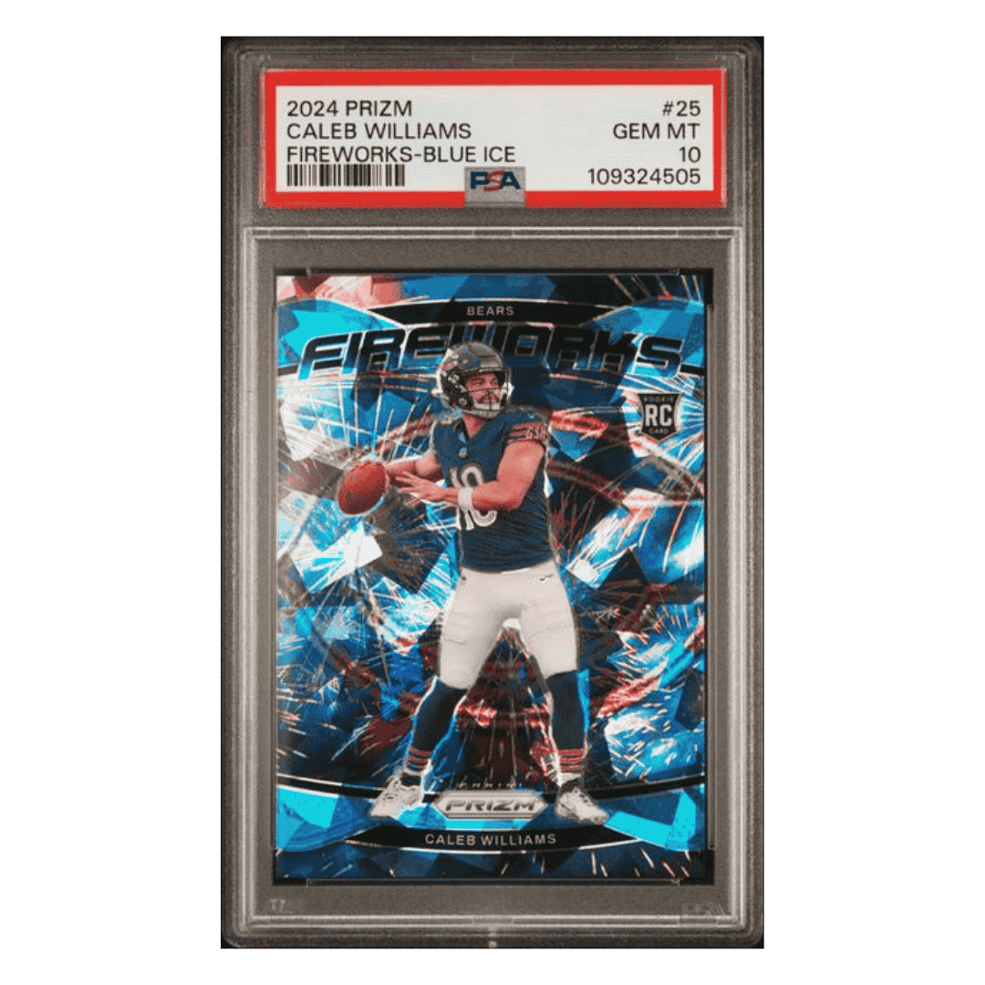 Caleb Williams PSA 10 2024 Panini Prizm Fireworks Blue Ice #d /99 Rookie RC Card #25